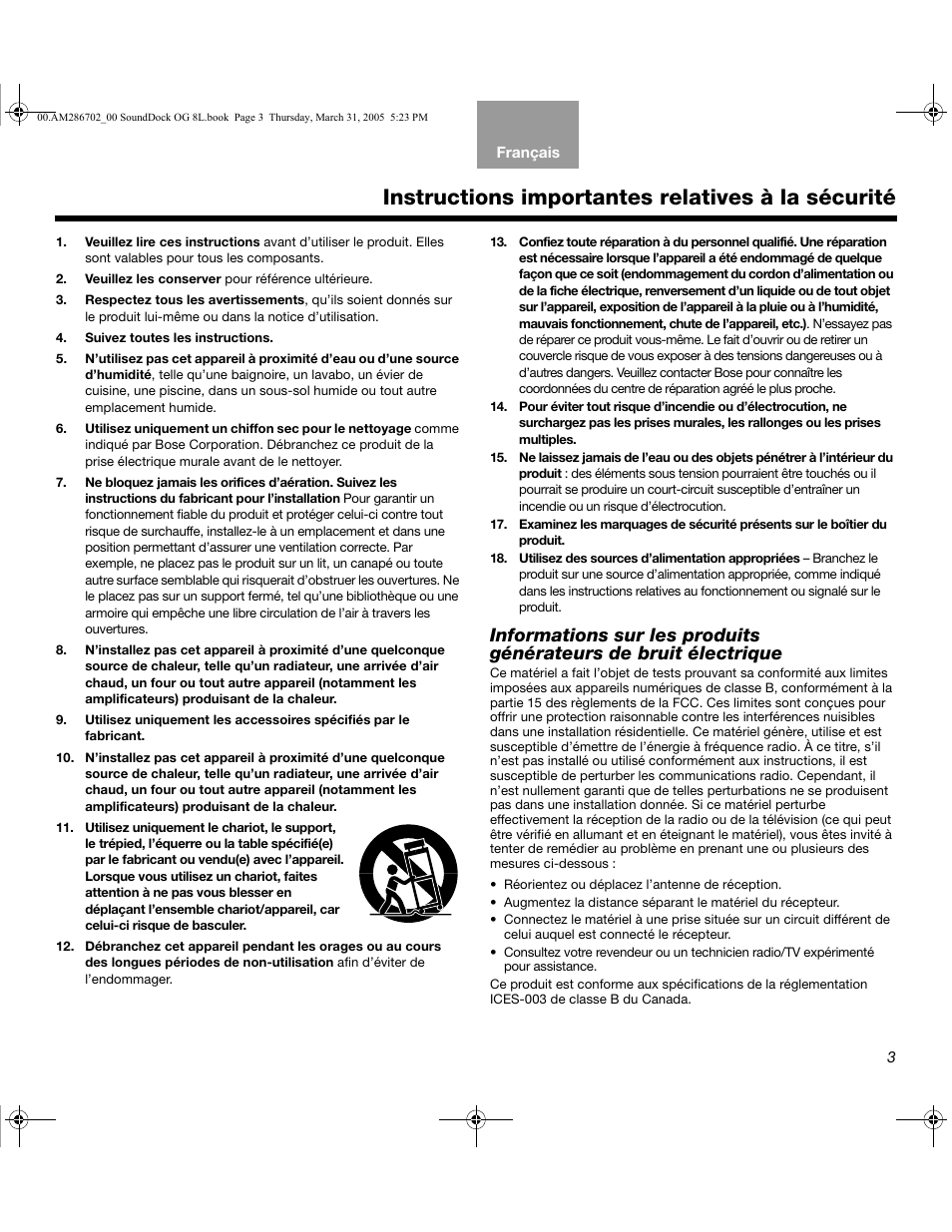 Instructions importantes relatives à la sécurité | Bose SoundDock User Manual | Page 37 / 72