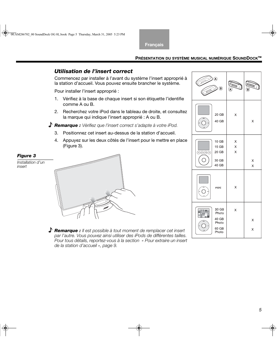 Utilisation de l’insert correct | Bose SoundDock User Manual | Page 39 / 72