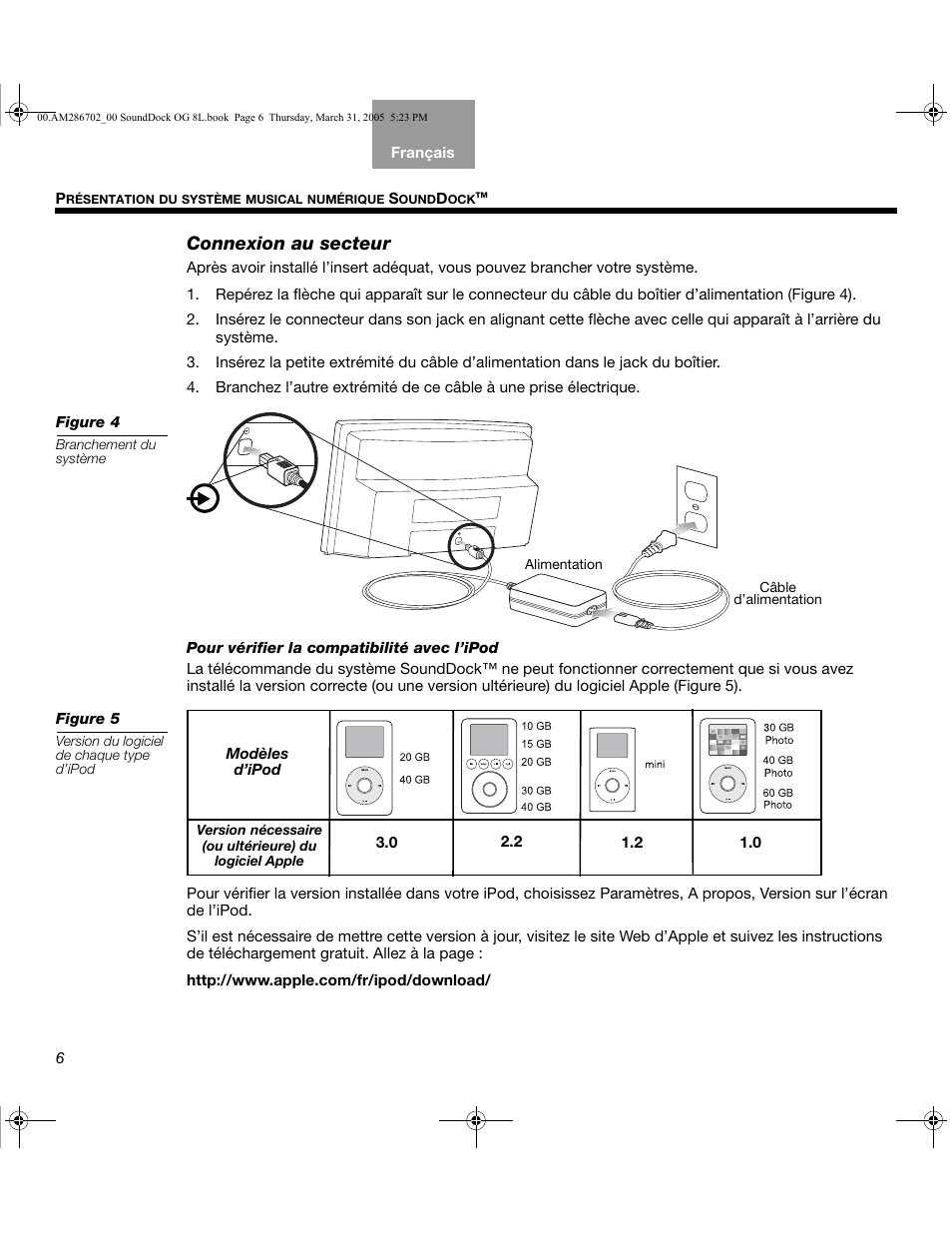 Connexion au secteur | Bose SoundDock User Manual | Page 40 / 72
