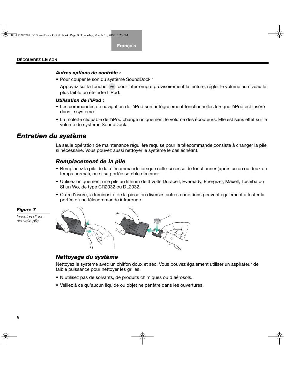 Entretien du système, Remplacement de la pile, Nettoyage du système | Bose SoundDock User Manual | Page 42 / 72