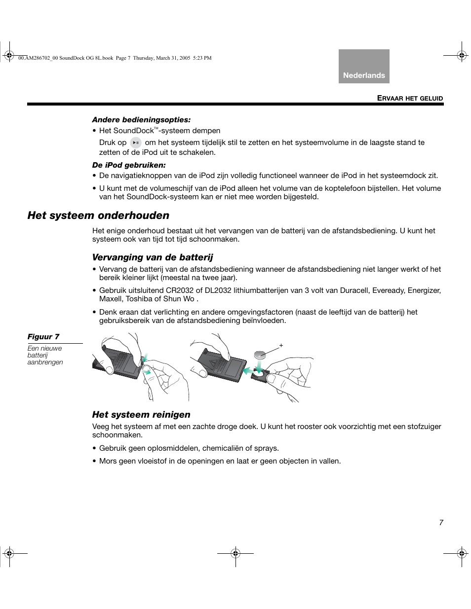 Het systeem onderhouden, Vervanging van de batterij, Het systeem reinigen | Bose SoundDock User Manual | Page 59 / 72