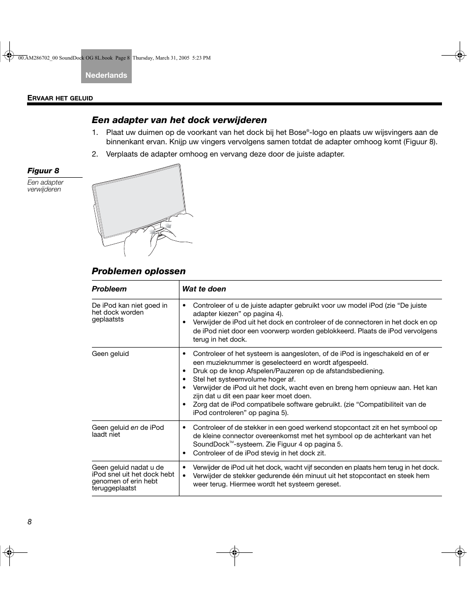 Een adapter van het dock verwijderen, Problemen oplossen | Bose SoundDock User Manual | Page 60 / 72