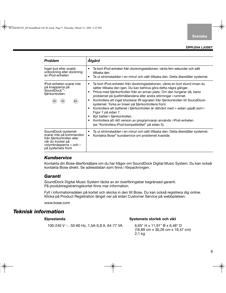 Teknisk information, Kundservice, Garanti | Bose SoundDock User Manual | Page 69 / 72