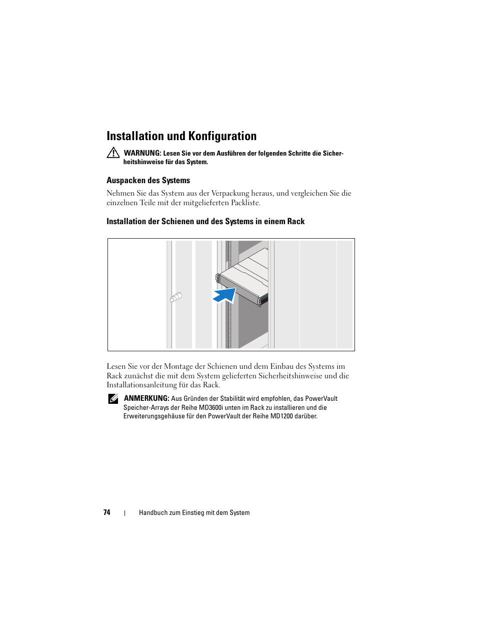 Installation und konfiguration, Auspacken des systems | Dell POWERVAULT MD3620I User Manual | Page 76 / 222