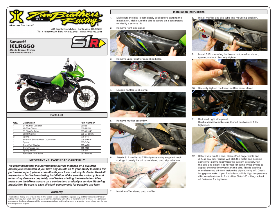 Two Brothers Racing Kawasaki KLR650 User Manual | 2 pages