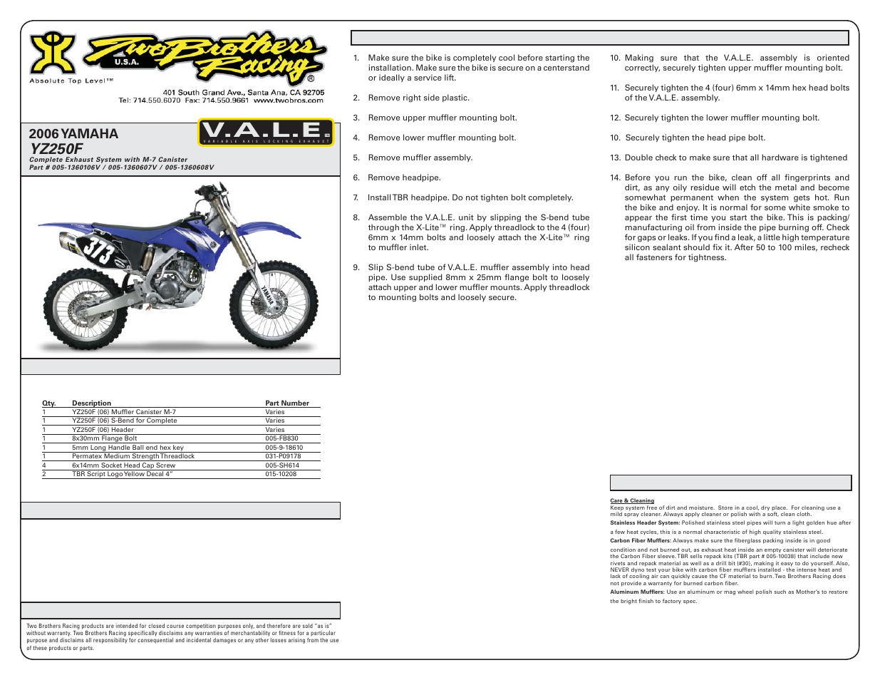 Two Brothers Racing Yamaha YZ250F (WR250) User Manual | 3 pages