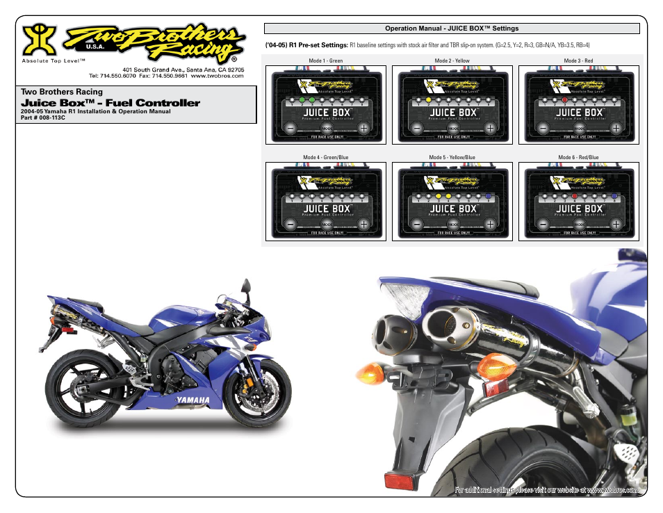 Juice box™ - fuel controller | Two Brothers Racing Yamaha R1 - CA Emissions Legal User Manual | Page 3 / 3