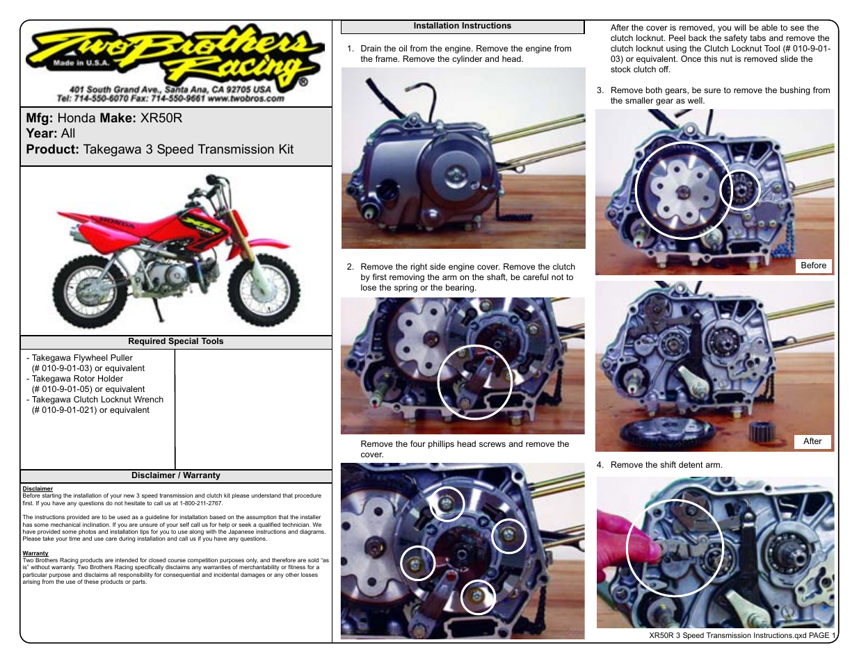 Two Brothers Racing Honda XR50R User Manual | 6 pages