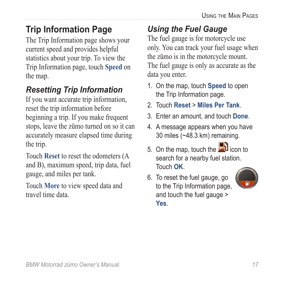 Trip information page, Resetting trip information, Using the fuel gauge | BMW zumo Motorrad zmo User Manual | Page 23 / 65