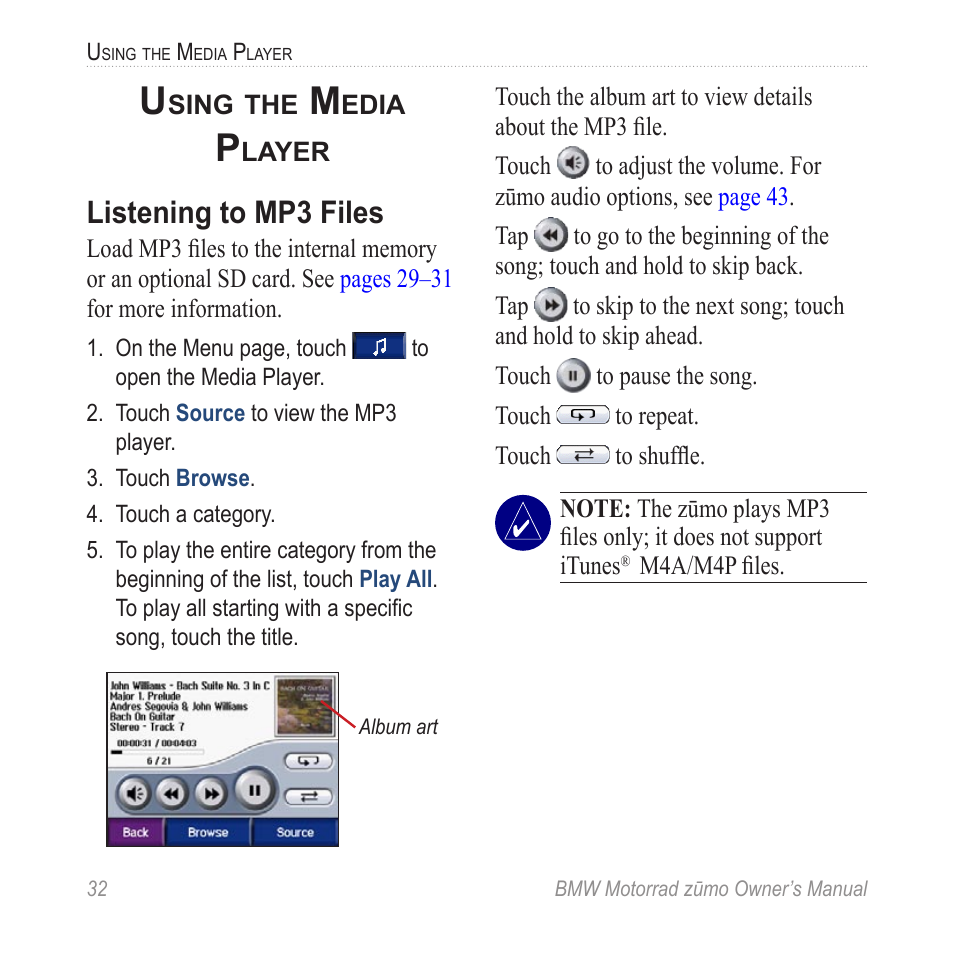 Using the media player, Listening to mp3 files | BMW zumo Motorrad zmo User Manual | Page 38 / 65