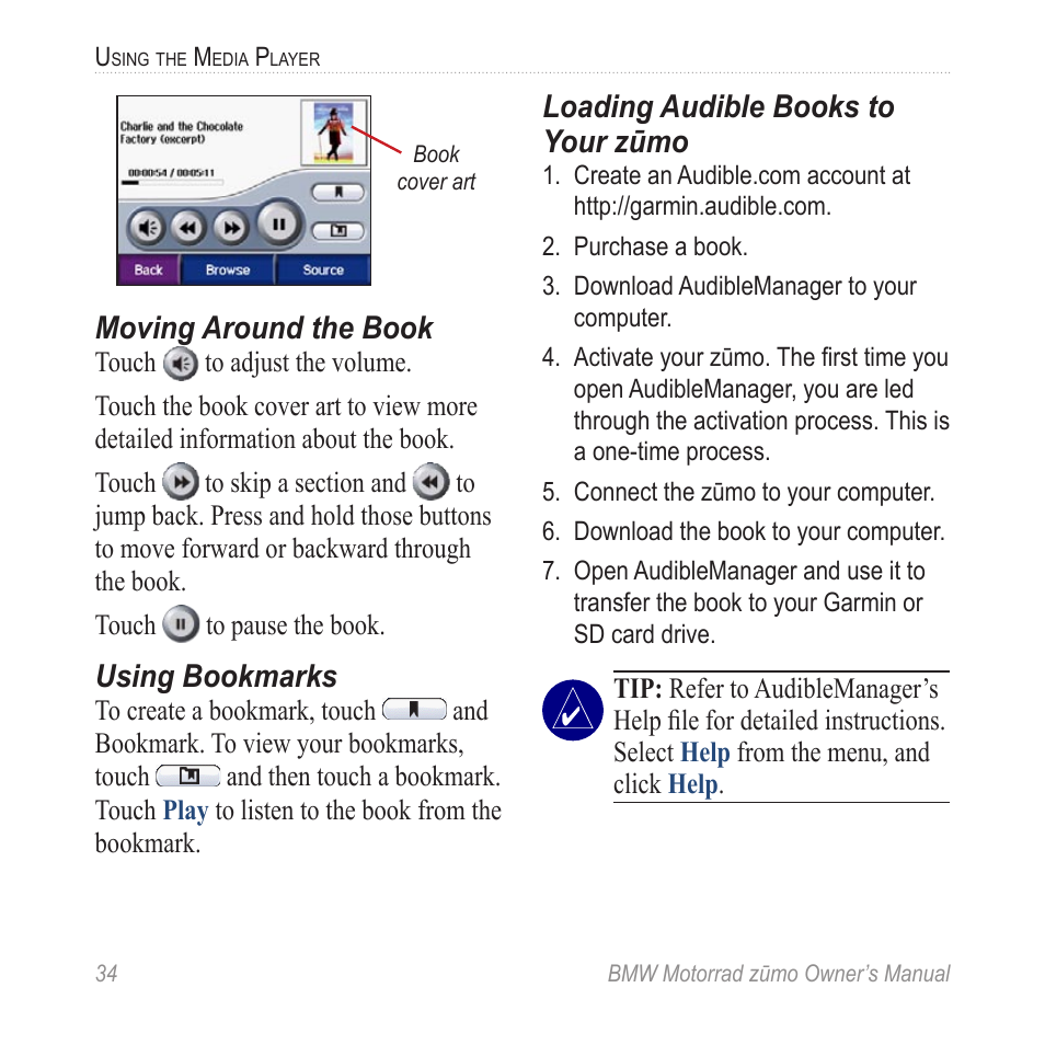 To load books to your zūmo, Moving around the book, Using bookmarks | Loading audible books to your zūmo | BMW zumo Motorrad zmo User Manual | Page 40 / 65