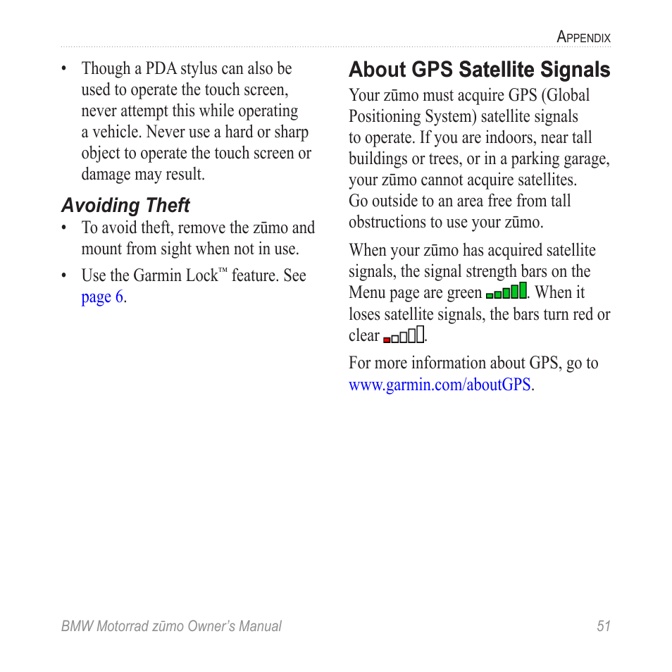 About gps satellite signals, About gps satellite signals satellite signals | BMW zumo Motorrad zmo User Manual | Page 57 / 65