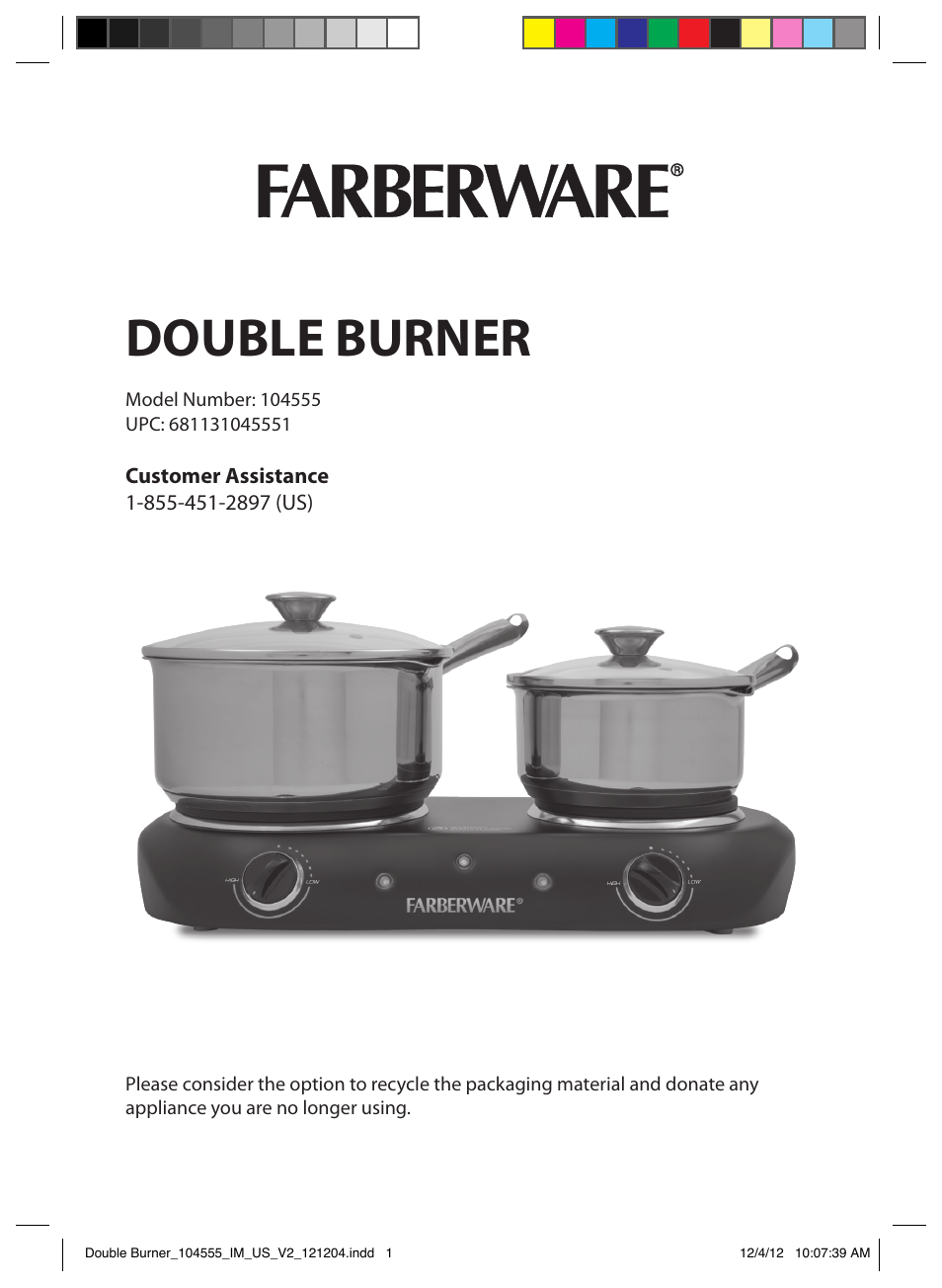 FARBERWARE 104555 Double Burner User Manual | 9 pages