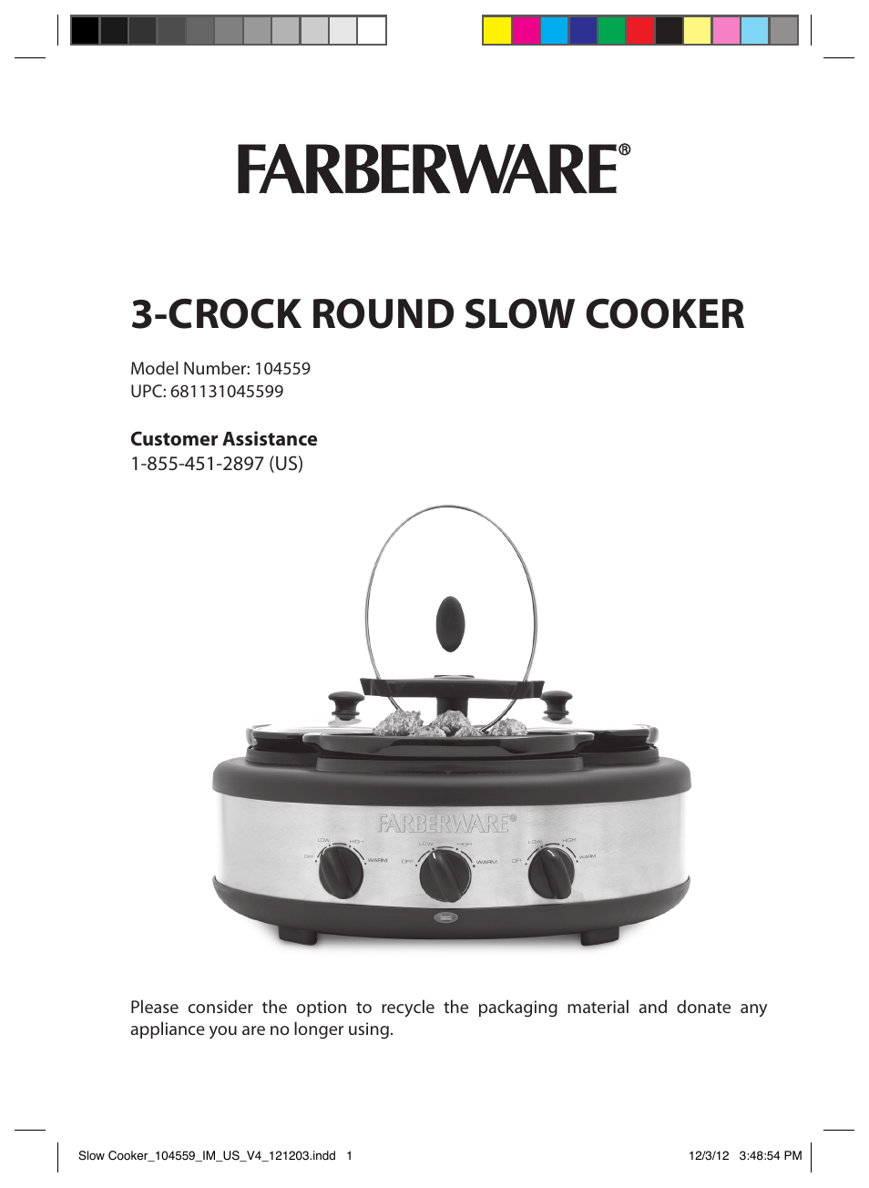 FARBERWARE 104559 3 Crock 1.5 Qt. Oval Slow Cooker User Manual | 15 pages