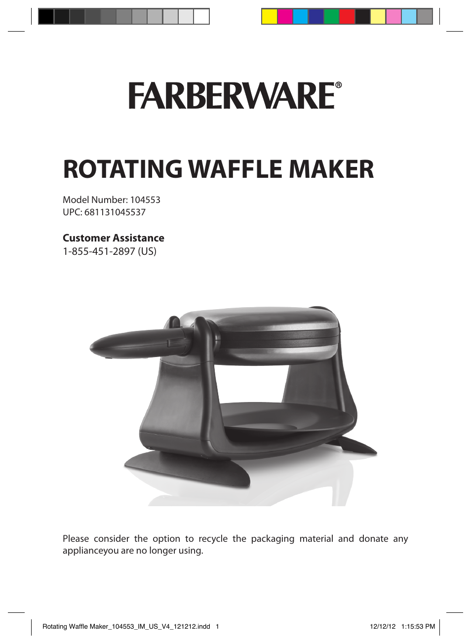 FARBERWARE 104553 Non-stick Flip Waffle Maker User Manual | 11 pages