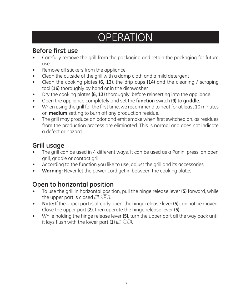 Operation, Before first use, Grill usage | Open to horizontal position | FARBERWARE 104557 4-in-1 Grill User Manual | Page 7 / 28
