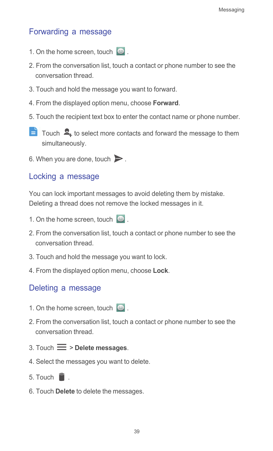 Forwarding a message, Locking a message, Deleting a message | Huawei Ascend G510 User Guide User Manual | Page 44 / 93