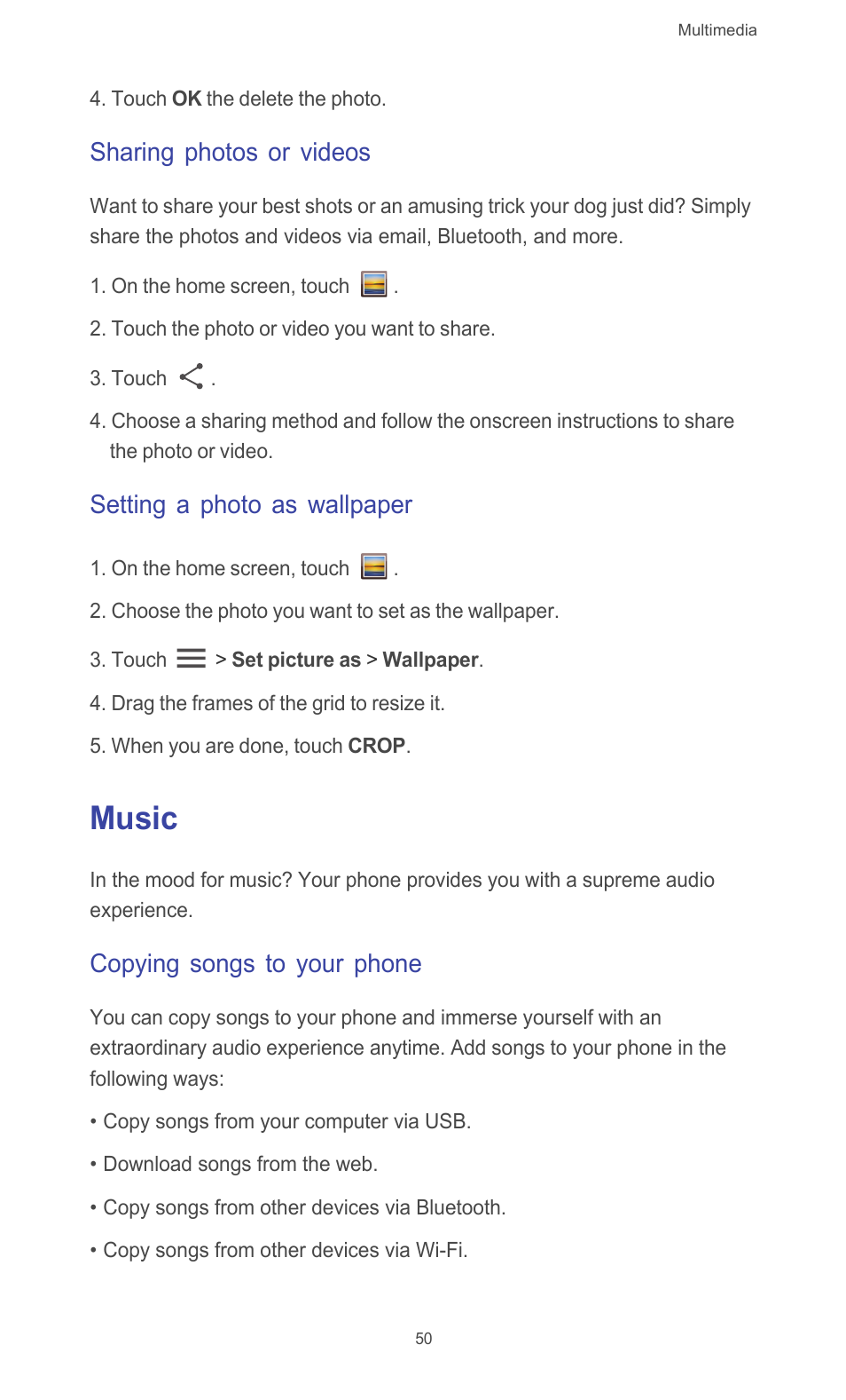 Sharing photos or videos, Setting a photo as wallpaper, Music | Copying songs to your phone | Huawei Ascend G510 User Guide User Manual | Page 55 / 93