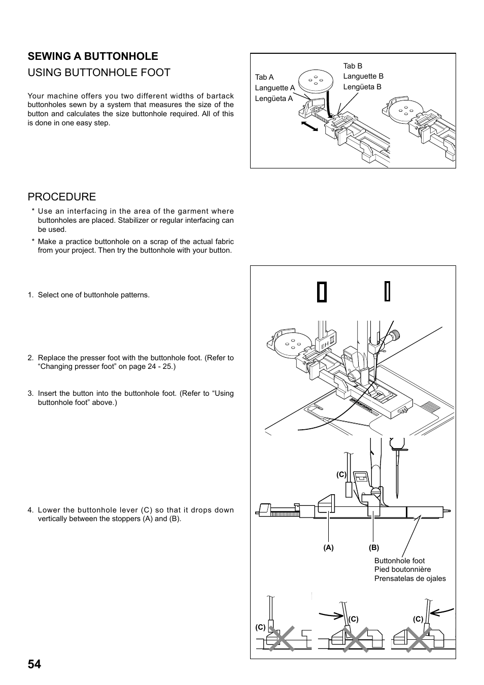 Sewing a buttonhole using buttonhole foot, Procedure | SINGER 8763 CURVY User Manual | Page 54 / 68