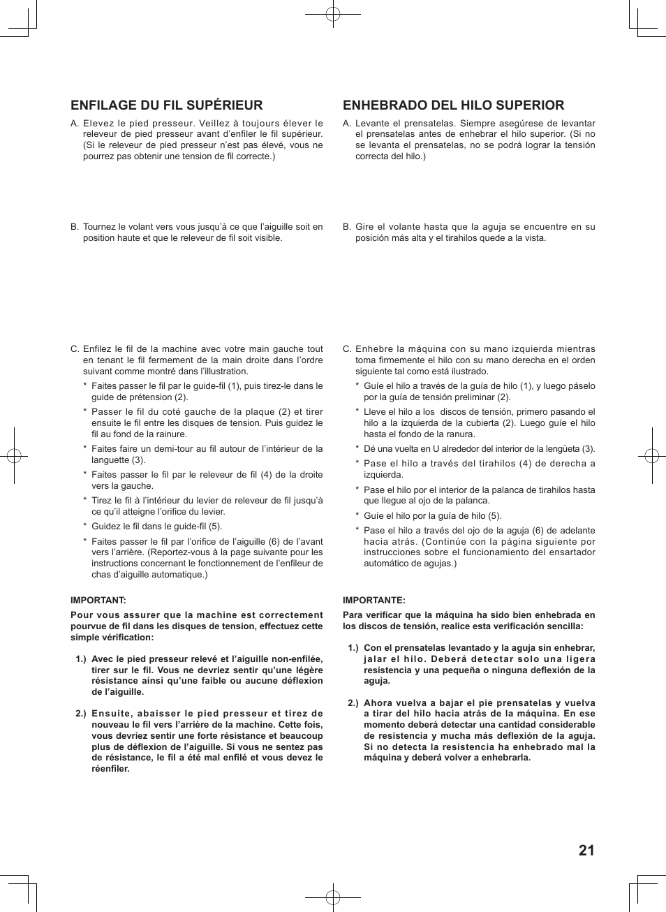 Enfilage du fil supérieur, Enhebrado del hilo superior | SINGER 7256 FASHION MATE Instruction Manual User Manual | Page 21 / 74