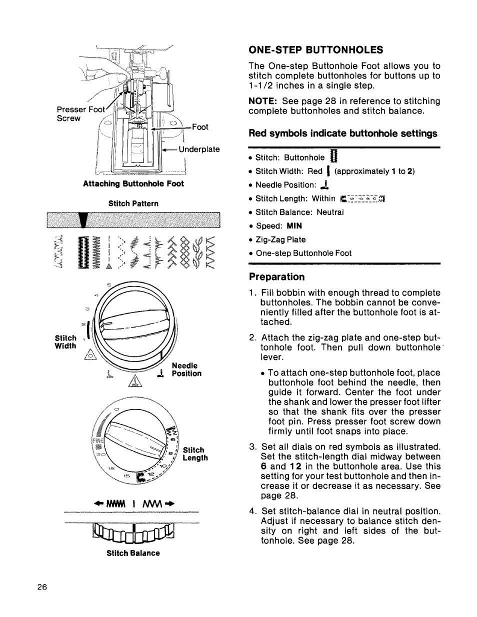 One-step buttonholes, Red symbols indicate buttonhole settings, Preparation | SINGER 1036 Creative Touch User Manual | Page 31 / 66
