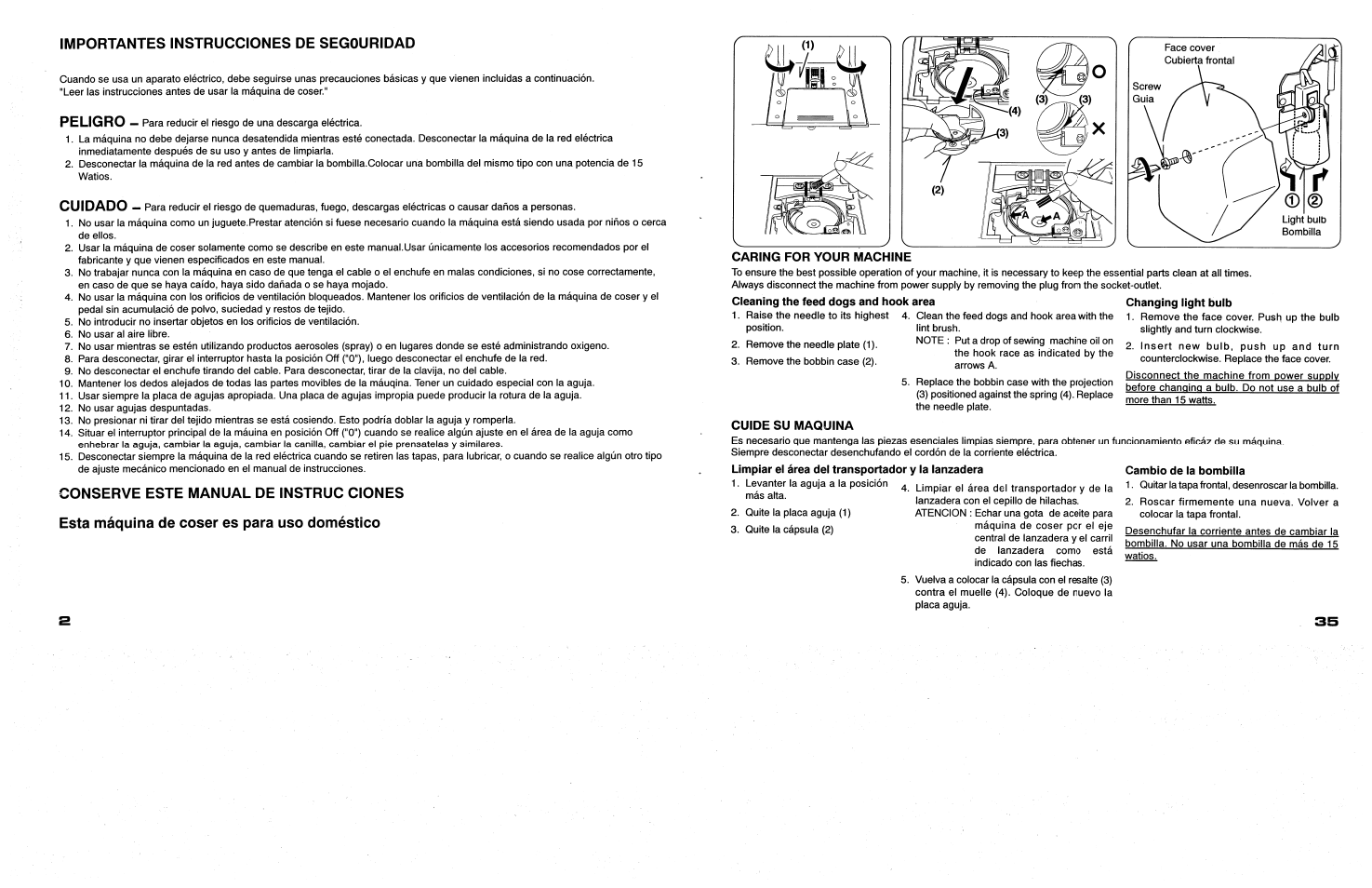Importantes instrucciones de segouridad, Peligro, Cuidado | SINGER 117 FEATHERWEIGHT II User Manual | Page 4 / 40