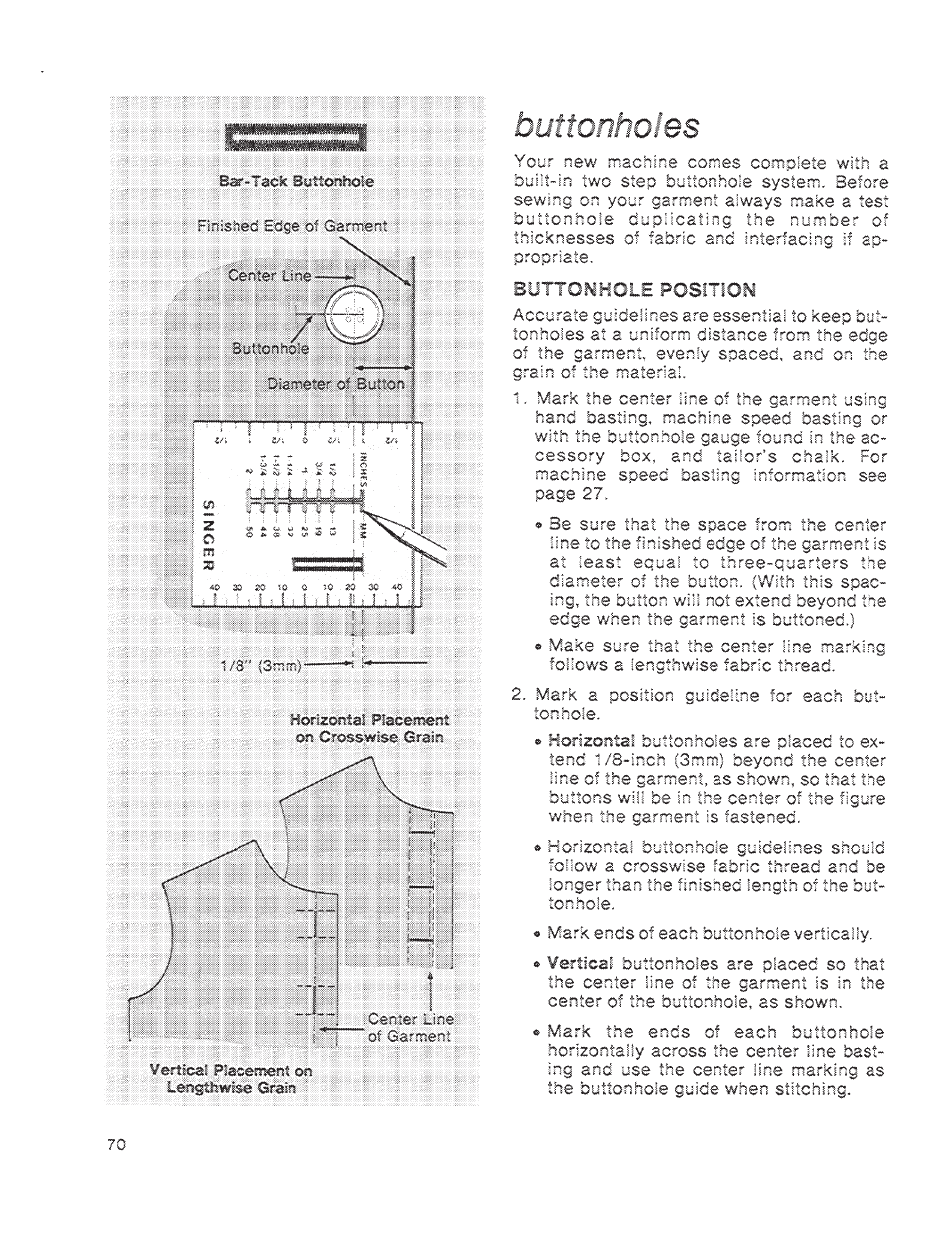 Buttonholes, Posmon | SINGER 1200 Athena User Manual | Page 72 / 90