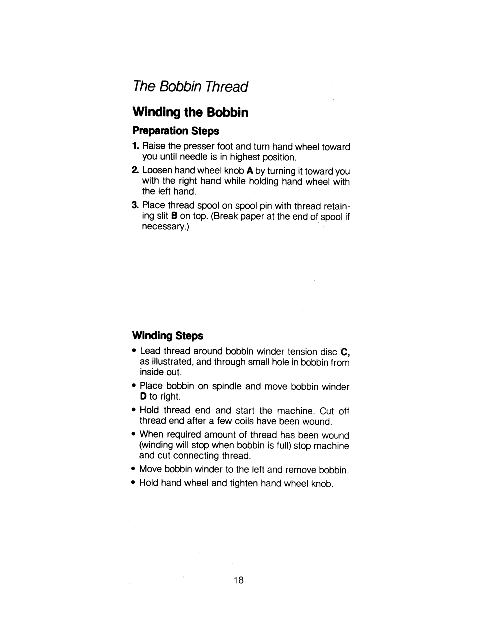 Winding the bobbin, Preparation steps, Winding steps | The bobbin thread | SINGER 1263 User Manual | Page 19 / 73