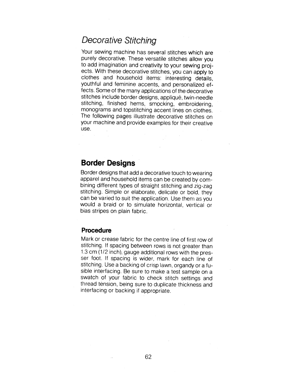 Decorative stitching, Border designs, Procedure | SINGER 1288 User Manual | Page 63 / 89