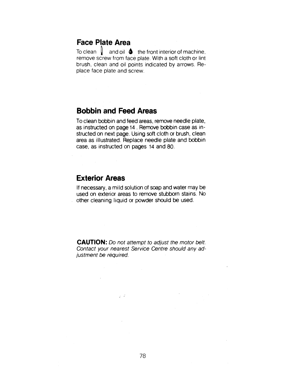Face plate area, Bobbin and feed areas, Exterior areas | SINGER 1288 User Manual | Page 79 / 89
