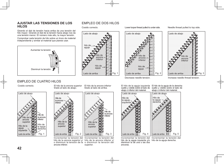 Ajustar las tensiones de los hilos, Empleo de dos hilos, Empleo de cuatro hilos | SINGER 14J250 Stylist Serger User Manual | Page 43 / 67