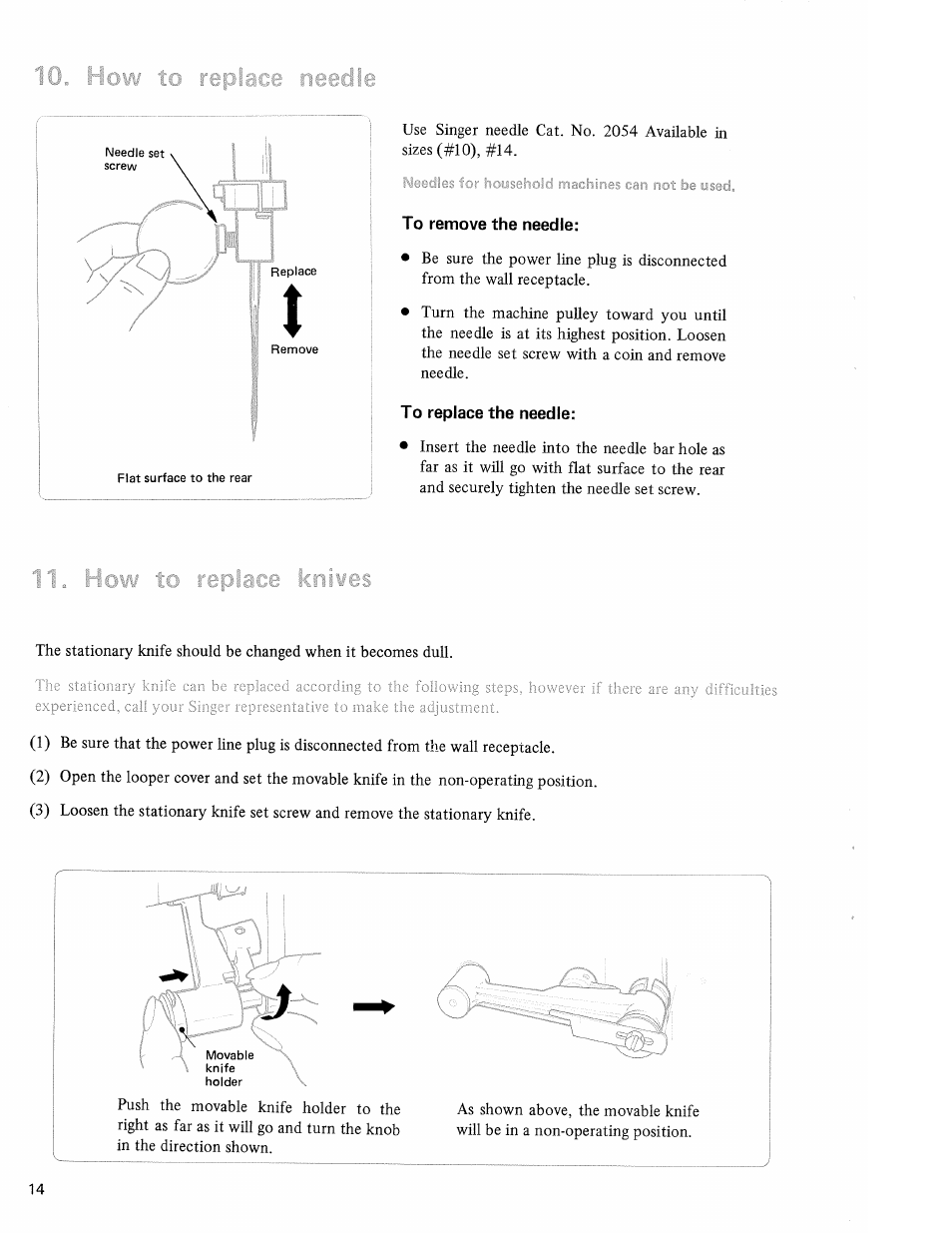 10, homi to replace needle, 11, how to replace kriices, How to replace needle | How to replace knives | SINGER 14U32A Ultralock User Manual | Page 16 / 24