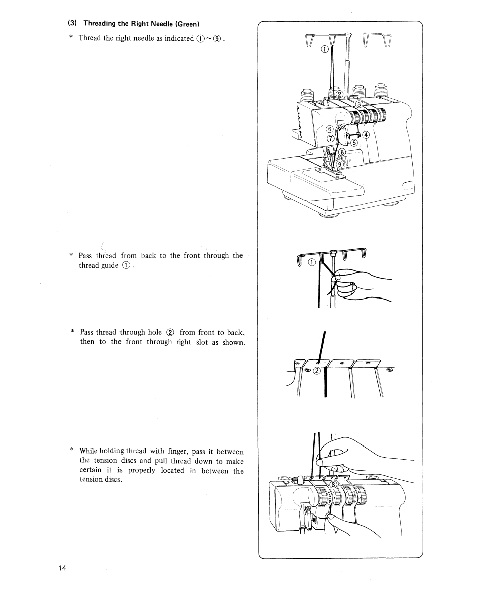 3) threading the right needle (green) | SINGER 14U454B Ultralock User Manual | Page 16 / 48