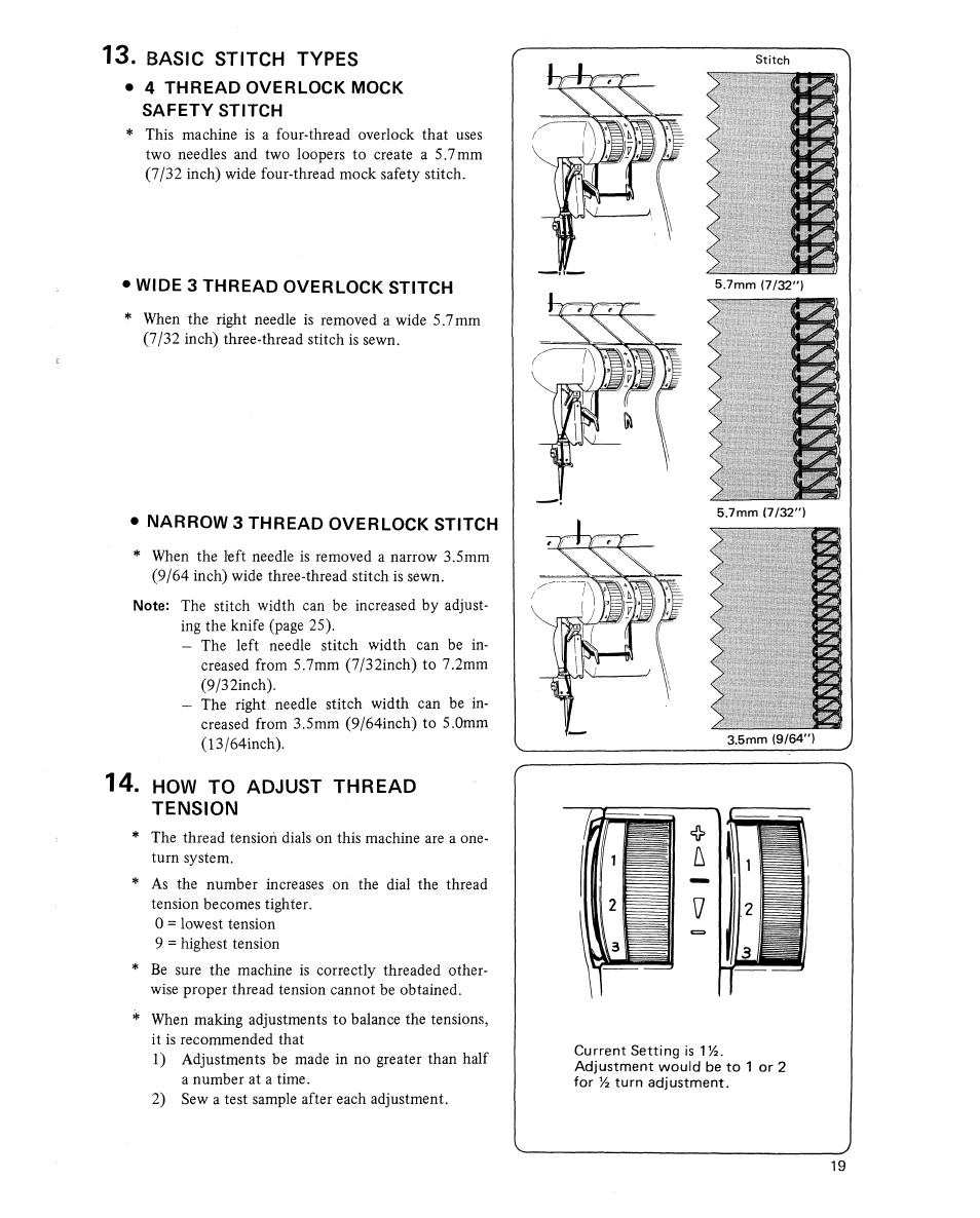 Basic stitch types, 4 thread overlook mock safety stitch, Wide 3 thread overlook stitch | Narrow 3 thread overlook stitch, How to adjust thread tension, Overlock mock safety stitch, A i i i, 3 , ^ i | SINGER 14U454B Ultralock User Manual | Page 21 / 48