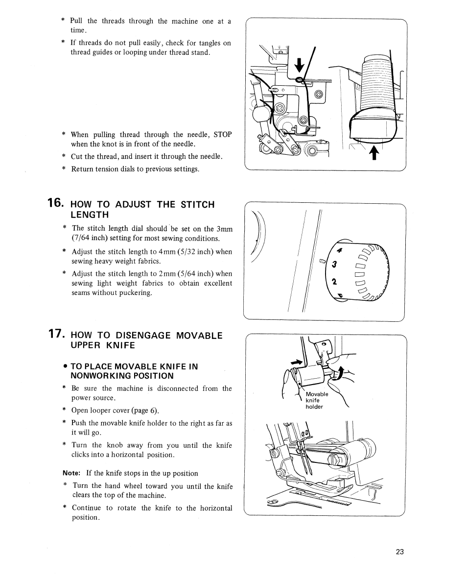 How to adjust the stitch length, How to disengage movable upper knife, To place movable knife in nonworking position | SINGER 14U454B Ultralock User Manual | Page 25 / 48