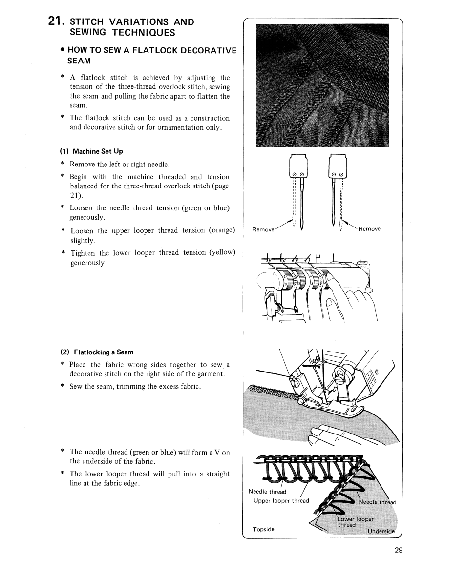Stitch variations and sewing techniques, How to sew a flatlock decorative seam, 1) machine set up | 2) flatlocking a seam | SINGER 14U454B Ultralock User Manual | Page 31 / 48
