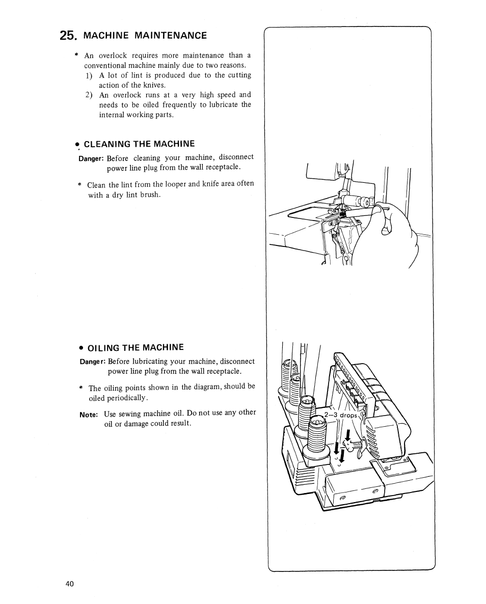 Machine maintenance, Cleaning the machine, Oiling the machine | Cleaning the machine • oiling the machine | SINGER 14U454B Ultralock User Manual | Page 42 / 48