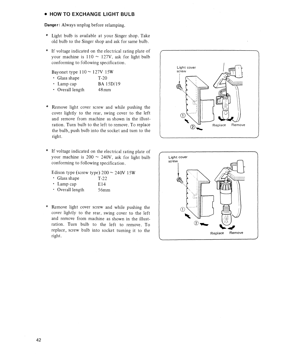 How to exchange light bulb | SINGER 14U454B Ultralock User Manual | Page 44 / 48