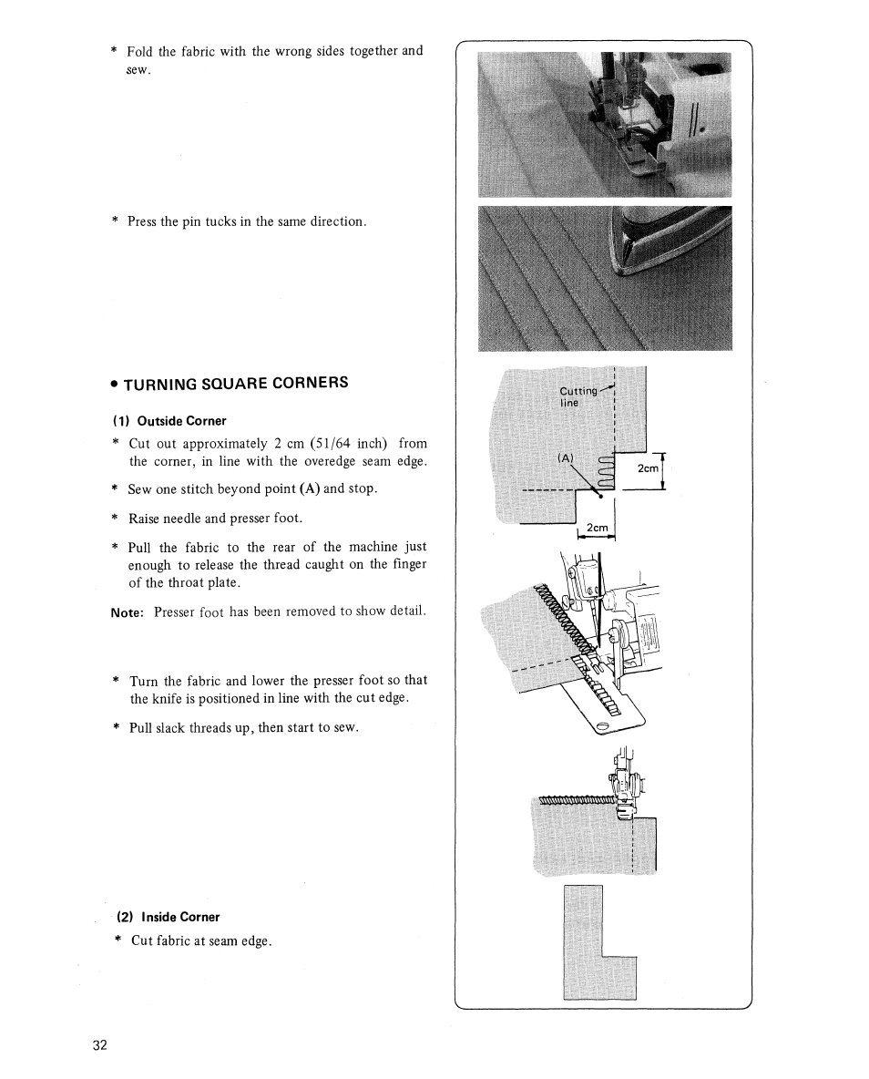 Turning square corners, 1) outside corner, 2) inside corner | SINGER 14U244 User Manual | Page 34 / 48