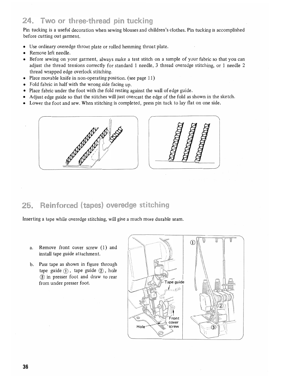 24, two or three-thread pin tucking, Reinforced (tapes) overedge stitching, Two or three-thread pin tucking | SINGER 14U285B User Manual | Page 38 / 48