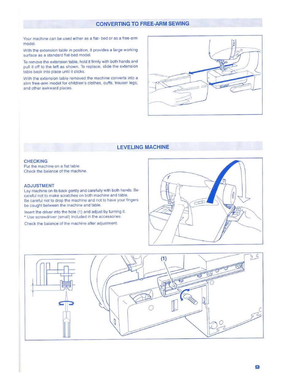 Converting to free-arm sewing, Leveling machine | SINGER 1500 Izek User Manual | Page 11 / 70
