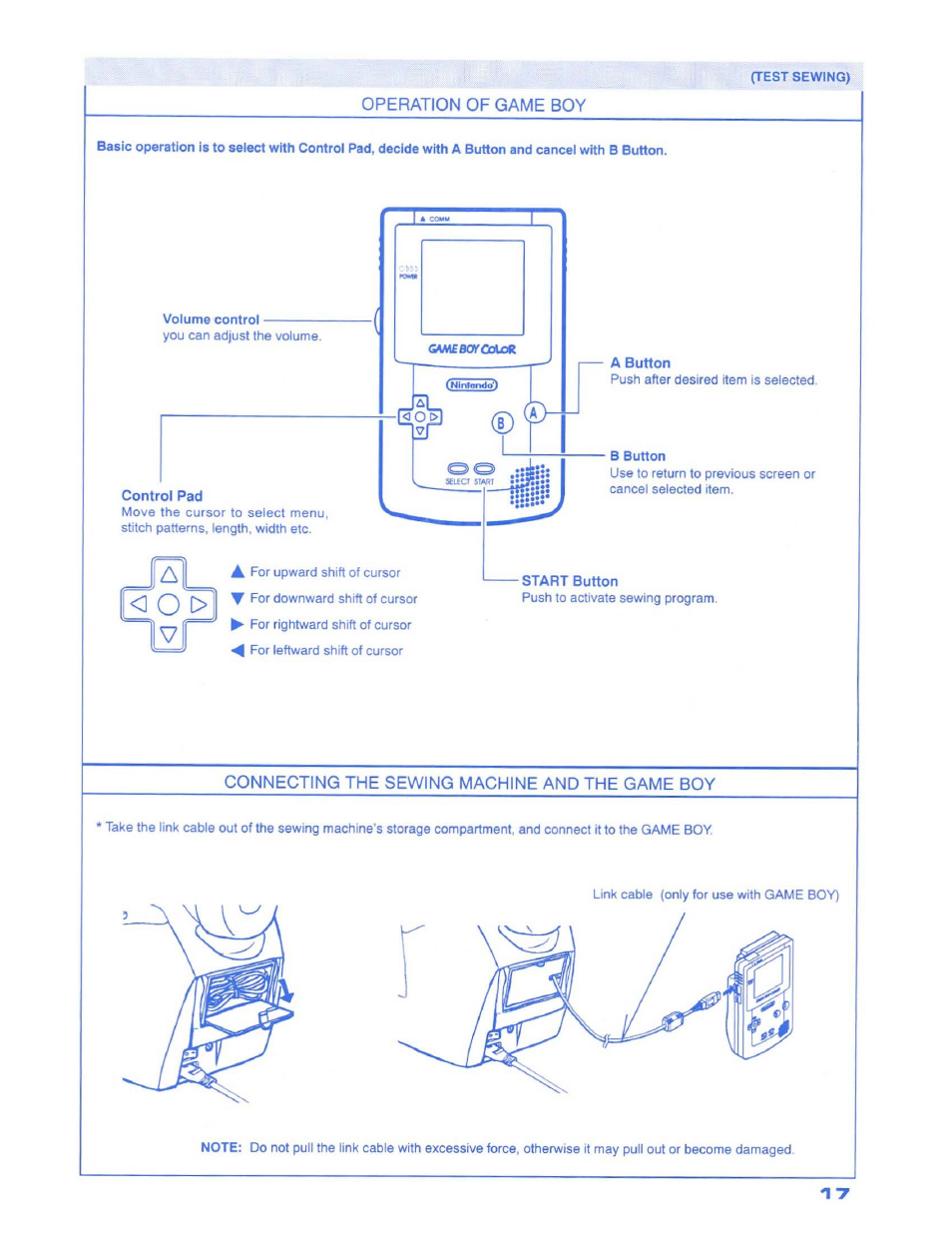 Operation of game boy, Connecting the sewing machine and the game boy | SINGER 1500 Izek User Manual | Page 19 / 70