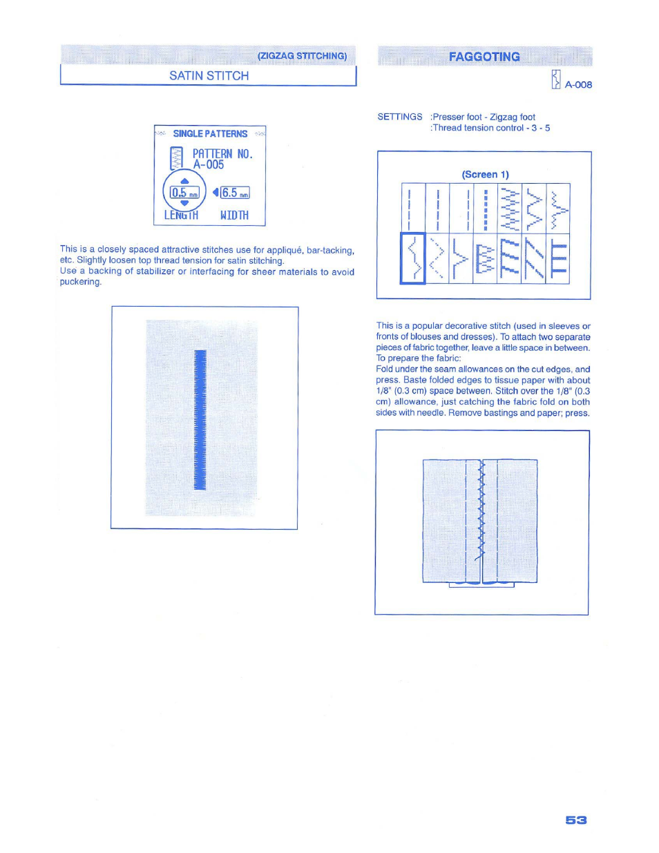 Satin stitch, Pattern no. a-005, Iobj i 4(1z lerirrh hidth | SINGER 1500 Izek User Manual | Page 55 / 70
