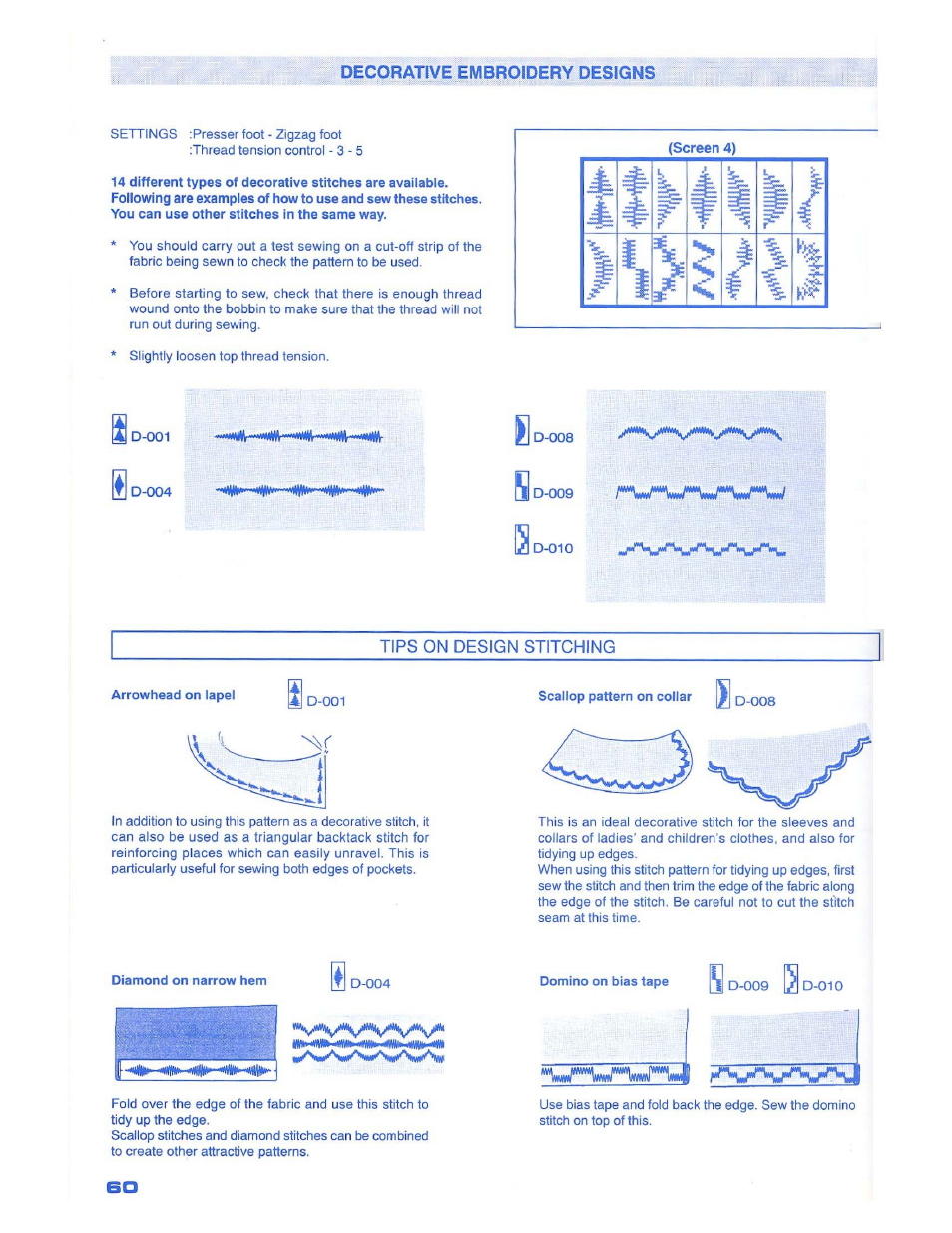 C.íf íf.^“corative embroidery designs, Tips on design stitching | SINGER 1500 Izek User Manual | Page 62 / 70