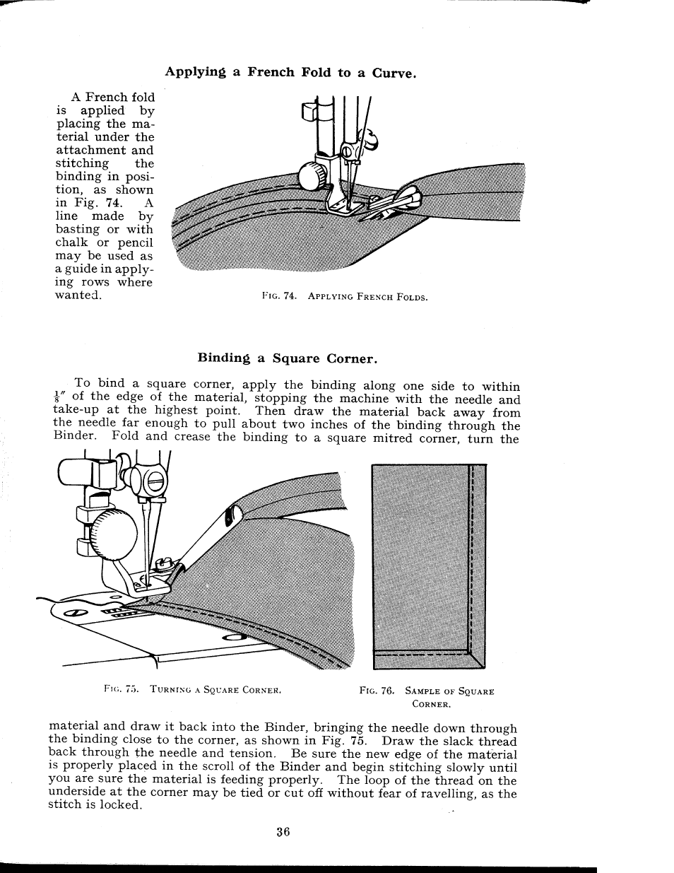 Binding a square corner, Applying a french fold to a curve | SINGER 404K User Manual | Page 36 / 78