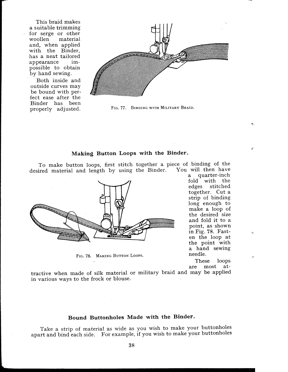 Making button loops with the binder, Bound buttonholes made with the binder | SINGER 404K User Manual | Page 38 / 78