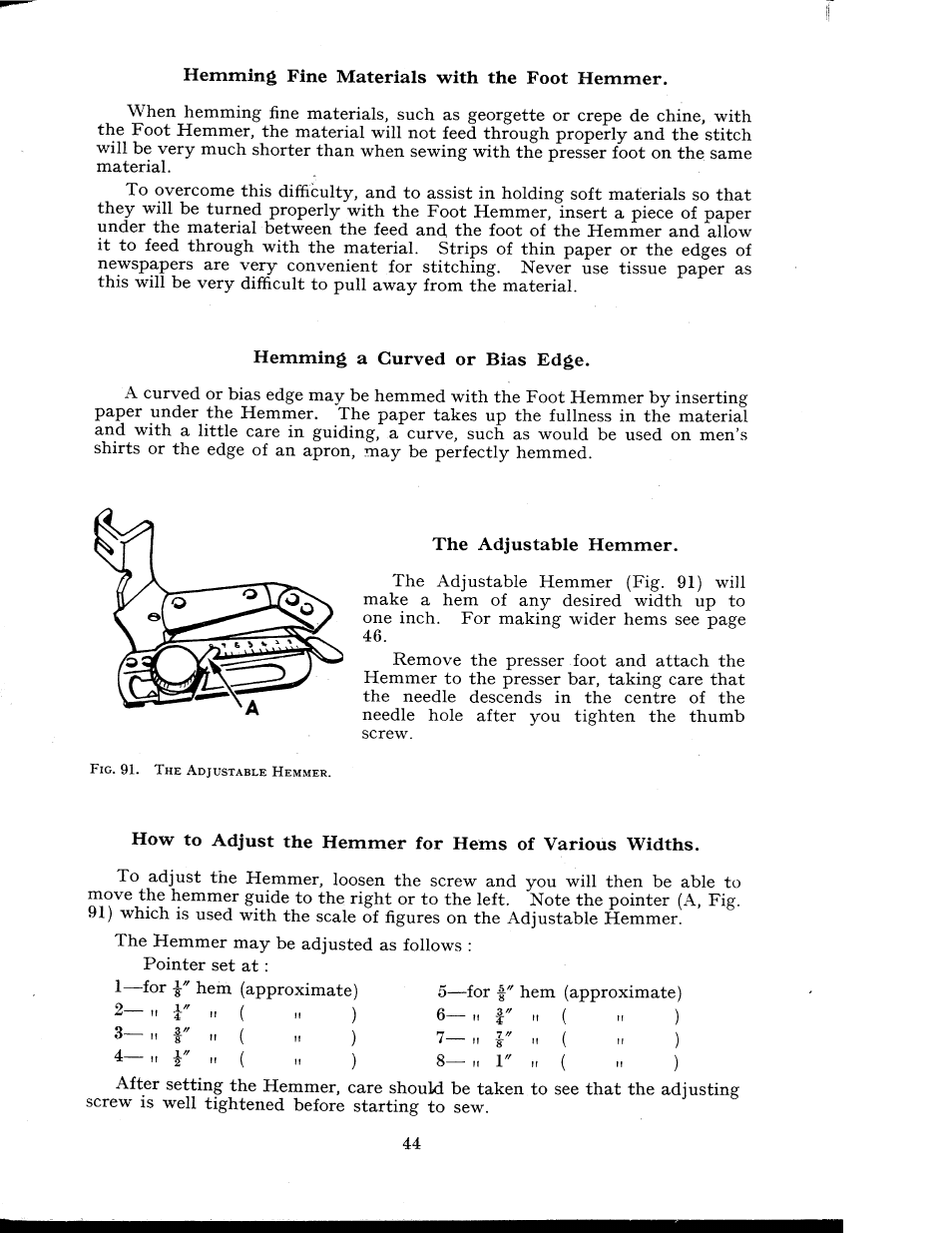 Hemming a curved or bias edge, The adjustable hemmer | SINGER 404K User Manual | Page 44 / 78