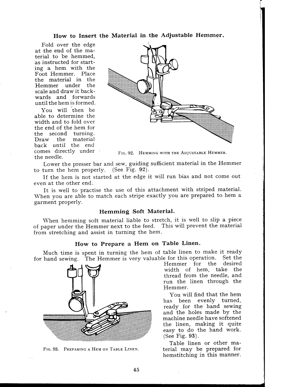 How to prepare a hem on table linen, Hemming soft material | SINGER 404K User Manual | Page 45 / 78