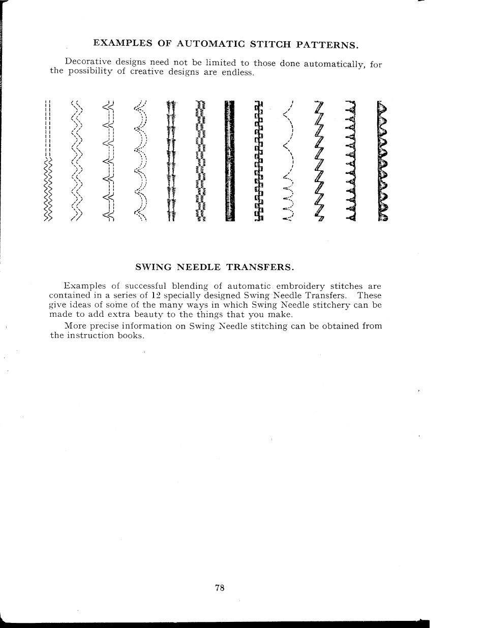 Swing needle transfers, Examples of automatic stitch patterns | SINGER 404K User Manual | Page 78 / 78