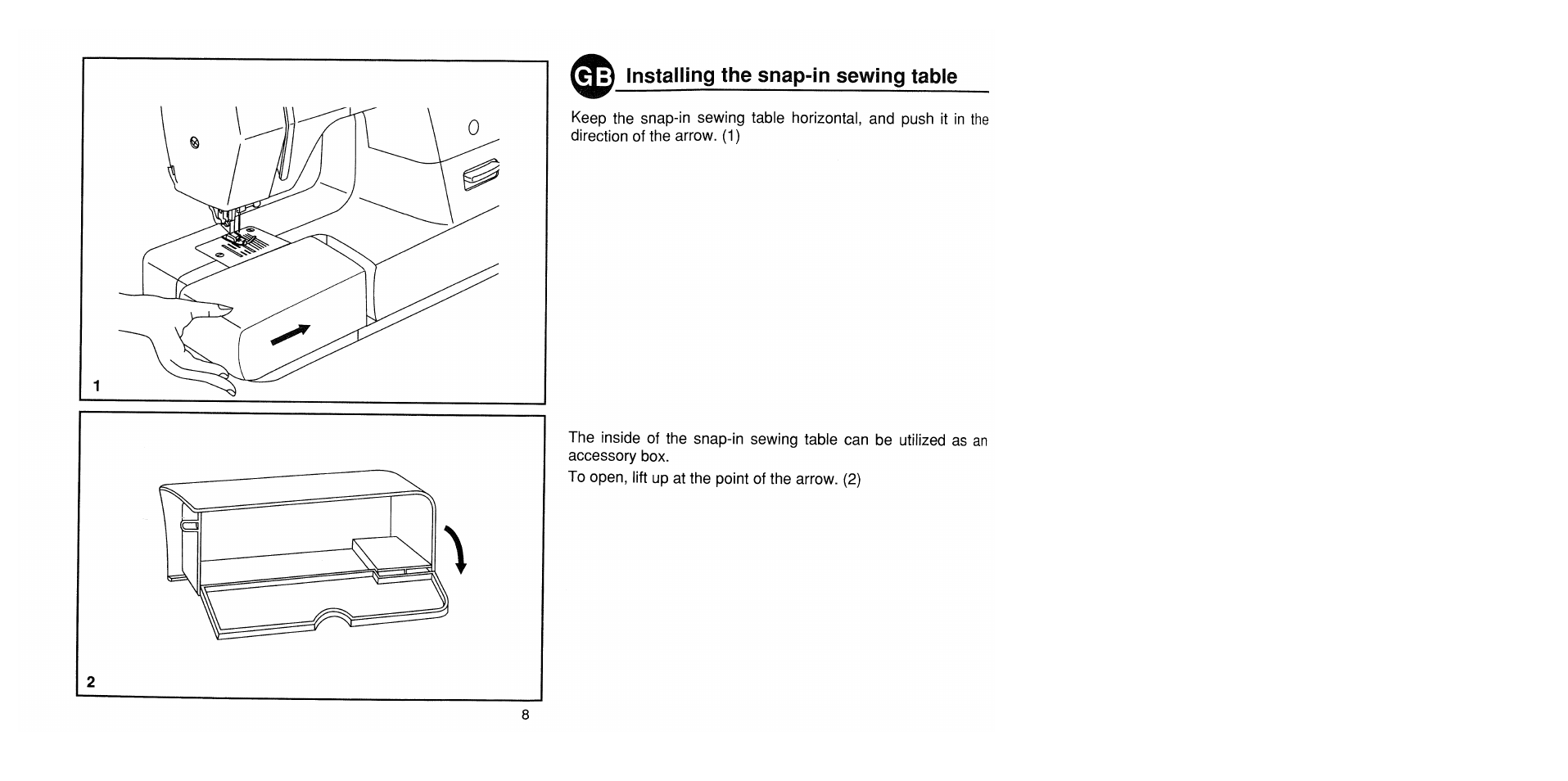 P- installing the snap-in sewing table, Installing the snap-in sewing table | SINGER 1725 User Manual | Page 16 / 84